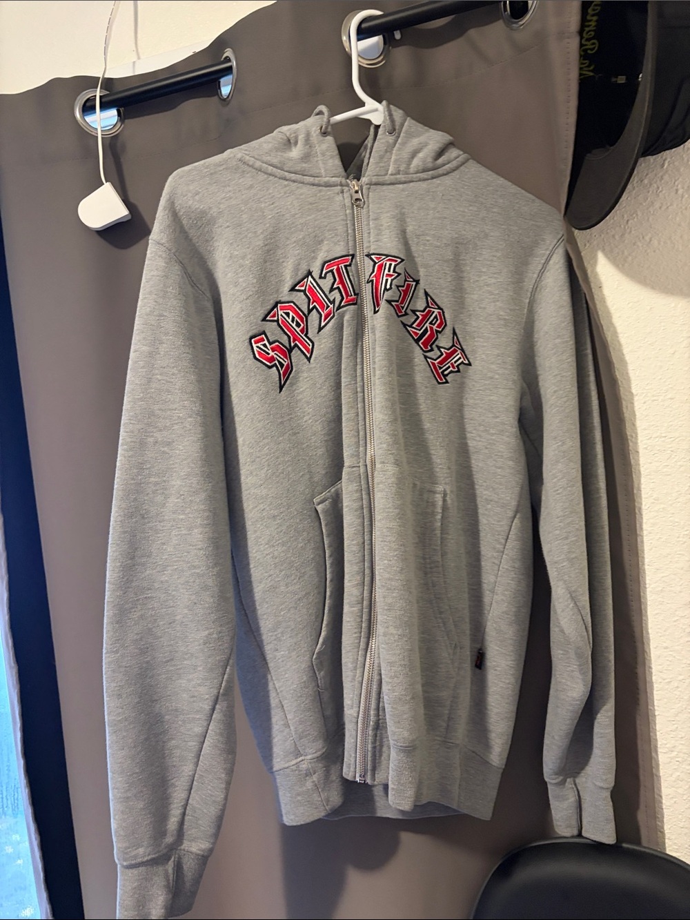 Spitfire Gray Hooded Zip-Up Jacket with Red Logo